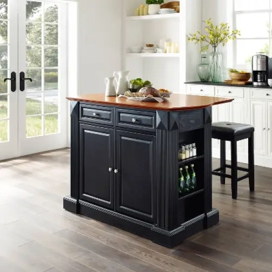 Coventry Drop Leaf Top Kitchen Island with Upholstered Square Stools Black - Crosley image {1}
