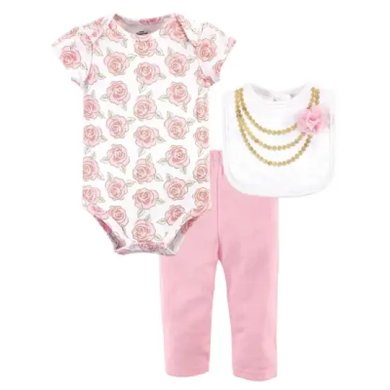 Little Treasure Baby Girl Bodysuit, Pant and Bib, Gold Roses image {1}