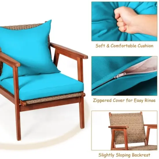 Costway 4PCS Patio Rattan Furniture Set Acacia Wood Frame Cushioned Sofa Chair Turquoise image {3}