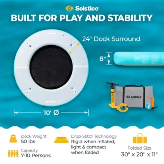 Solstice 10 Foot Inflatable 7 to 10 Person Circular Mesh Dock Floating Island Platform w/ Removeable Center, Cup Holders, Handles, Carry Bag, and Pump image {2}