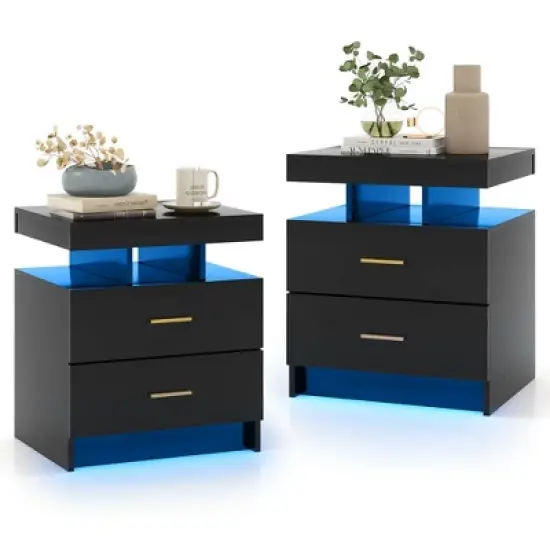 Costway LED Nightstand Set of 1/2 with 2 Storage Drawers Adjustable Light Mode Remote Control image {10}