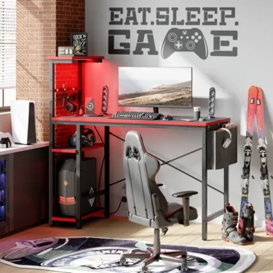 Bestier 44&rdquo; Gaming Desk with Power Outlets & USB Ports, LED PC Gamer Desk with 4-Tier Storage Shelves, Computer Office Desk for Small Spaces image {5}