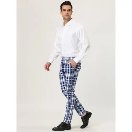 Lars Amadeus Men's Color Block Slim Fit Flat Front Plaid Dress Pants image {3}
