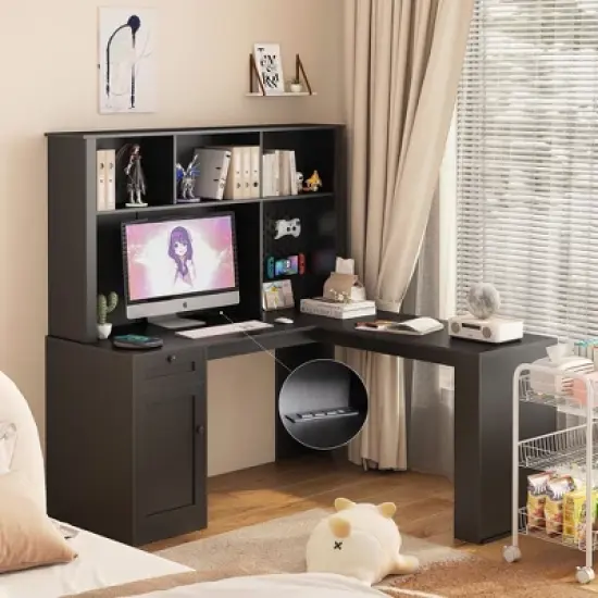 NicBex L Shaped Desk with Outlet,Computer Desk with Drawers,Bookshelf,Home Office Desks with Storage,Corner Gaming Computer Desk image {6}