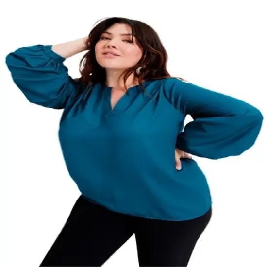 June + Vie by Roaman's Women&rsquo;s Plus Size Split-Neck Blouson-Sleeve Top image {3}