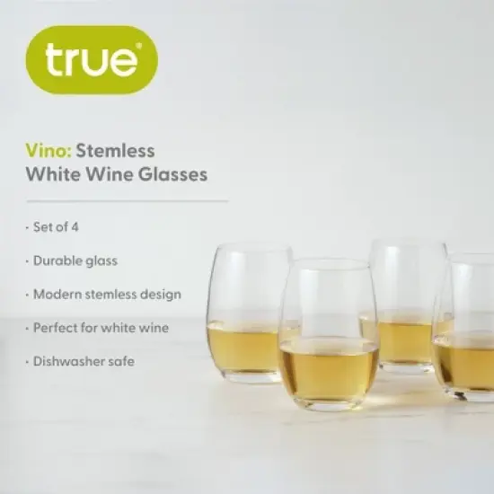 True Vino White Wine Glasses, Stemless Drinking Glasses Wine Gifts, Dishwasher Safe Glass Wine Cups 18oz All Purpose Wine Glasses Set of 4 image {1}