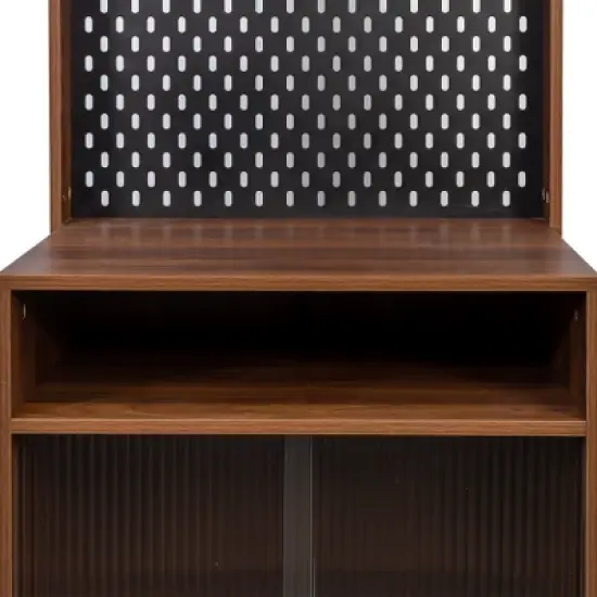 LIVAREEmlen Kitchen Baker's Racks with 2 Sliding Striped Glass Doors,Freestanding Storage Cabinet for Bottles,Wine,Coffee Machine,Microwave Oven image {8}