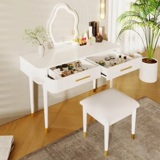 TOBILI 40" Modern Vanity Table Set with Mirror Touch Screen Lighted Mirror, Dressing Table and Cushioned Stool Set with 2 Large Drawers, White image {2}