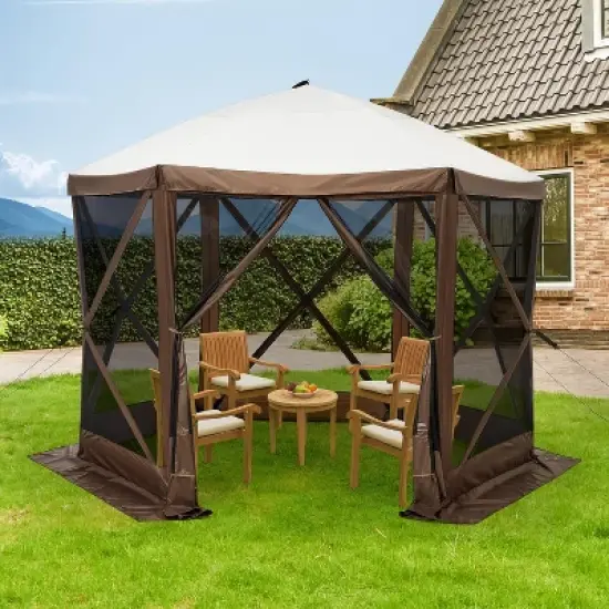 Hexagonal Pop-up Canopy Shelter Shade Tent with Mosquito Netting & Carry Bag, Portable Gazebo Tent for Camping Backyard Garden, Brown 11.5*11.5FT image {8}
