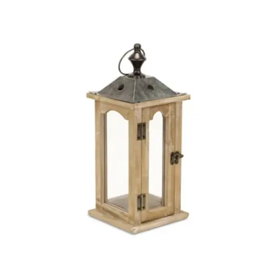 HomeRoots 16" Natural And Gray Geometric Metal And Solid Wood Tabletop Lantern Candle Holder image {5}