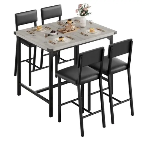 5-Piece Counter Height Dining Table Set for 4, Rustic Gray Kitchen Table with Footrest & Corner Guards, 4 Upholstered Bar Stools with Backrests image {8}