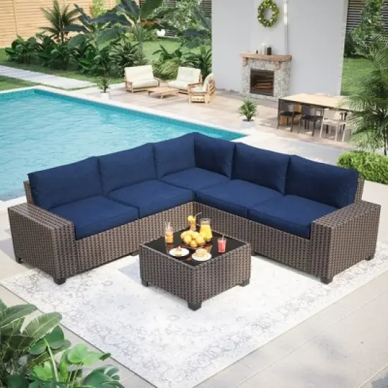 6 Pieces Outdoor Patio Furniture Set, Wicker Patio Conversation Set Sectional Sofa, Brown Patio Sofa with 5 Navy Blue Cushions and 1 Coffee Table image {7}