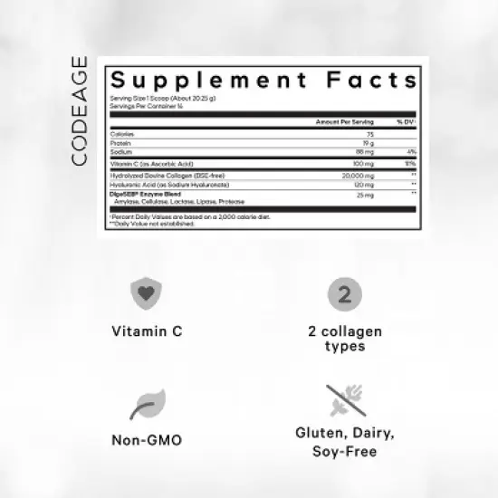 Codeage Collagen Peptides Powder Vitamin C, Enzymes, Hyaluronic Acid, Hydrolyzed Protein - 9.98 oz image {2}
