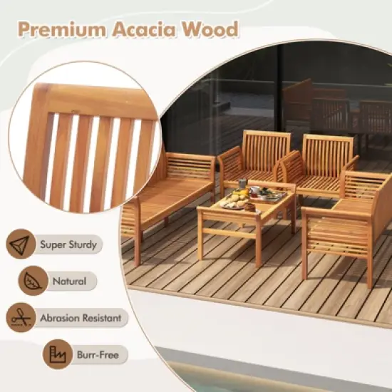 Tangkula 5 Pieces Acacia Wood Patio Conversation Set Outdoor Furniture Sofa Set with Removable Seat Cushions Sectional Sofa & Table Set image {3}