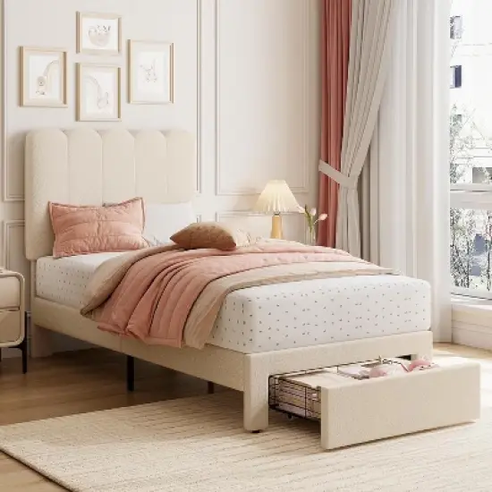 Twin Bed Frame with Under-Bed Drawer Storage &ndash; Velvet/Boucle Upholstered Wave Headboard for Girls, Wood Slat Support (No Box Spring), White/Pink image {2}