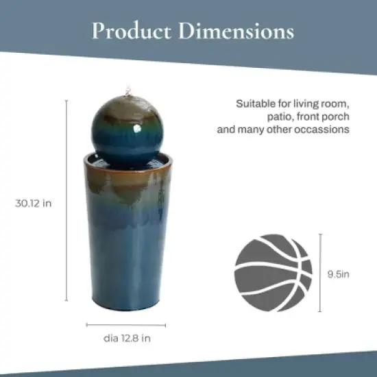 LuxenHome 30" Ceramic Outdoor Water Fountain, Glazed Blue Bubbling Sphere Garden Water Fountain Outdoor and Indoor image {1}