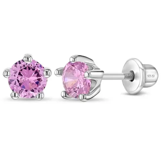 Girl's Classic CZ Birthstone Solitaire Screw Back Sterling Silver Earrings - In Season Jewelry image {6}