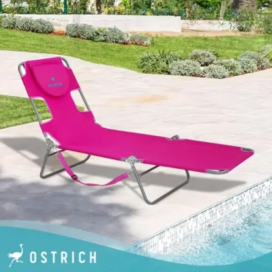 Ostrich Chaise Lounge Lightweight Portable Folding Rust Resistant Quick Dry Sunbathing Poolside Beach Chair with Carrying Strap & Pillow, Pink & Blue image {3}