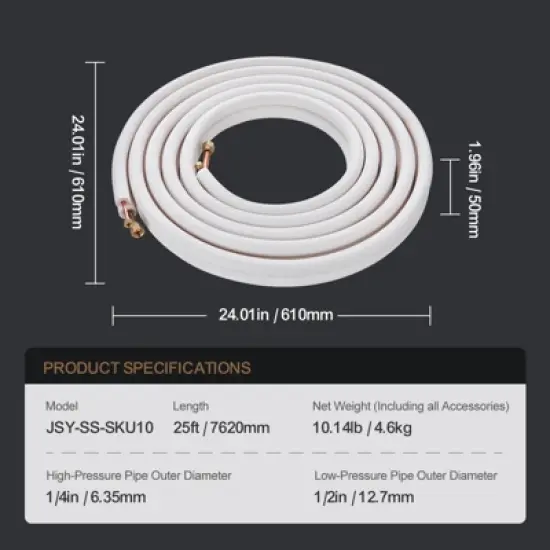 VEVOR 25FT Mini Split Line Set, 1/4" & 1/2" O.D Copper Pipes Tubing and Triple-Layer Insulation,for Air Conditioning or Heating Pump Equipment,White image {7}