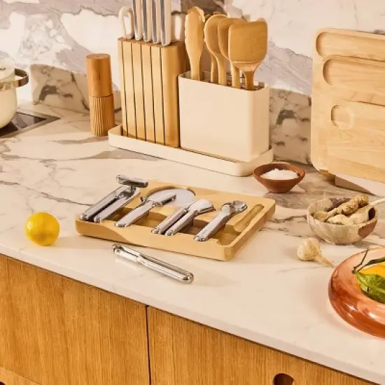 Caraway Home 6pc Kitchen Gadget Set: Stainless Steel Utensils, Includes Peeler, Pizza Cutter, Can Opener, Silver Holder image {3}