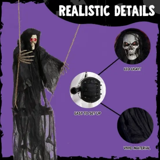 Joyfy 2 Packs 3ft Halloween Hanging Ghosts Outdoor Decor, Scary Grim Reaper Swinging Flying Skeleton with Lighted Up Eyes for Yard Patio Lawn Garden image {6}