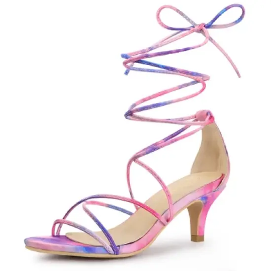 Allegra K Women's Lace Up Strappy Tie Dye Kitten Heels Sandals image {7}