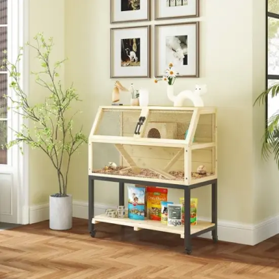 PawHut Hamster Cage on Wheels with Storage Shelf, Seesaws, Water Bottle, Hut & Ramps, for Dwarf, Gerbil, Syrian Hamster, Mouse, 34"L x 17"W x 40"H image {1}