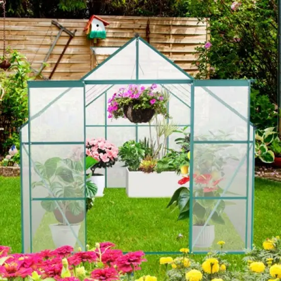 73.75"8X6FT-Green Double Door Polycarbonate Greenhouse Raised Base and Anchor Aluminum Heavy Duty Walk-in Greenhouses image {1}