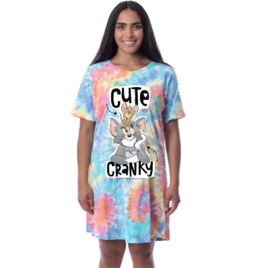 Tom And Jerry Womens' Cute Cranky Tie-Dye Nightgown Sleep Pajama Shirt Multicolored image {3}