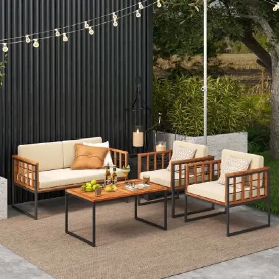 Costway 4 PCS Acacia Wood Outdoor Sofa Set with Heavy Duty Metal Frame Soft Seat image {3}
