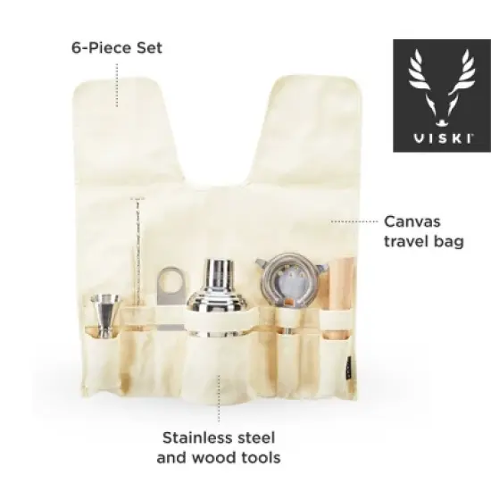 Viski Travel Bartender Kit 6pc Set | Drink Mixers for Cocktails Gift Essentials:Classic Cobbler Shaker,Hawthorne Strainer,Bottle Opener,Barspoon,Brown image {2}