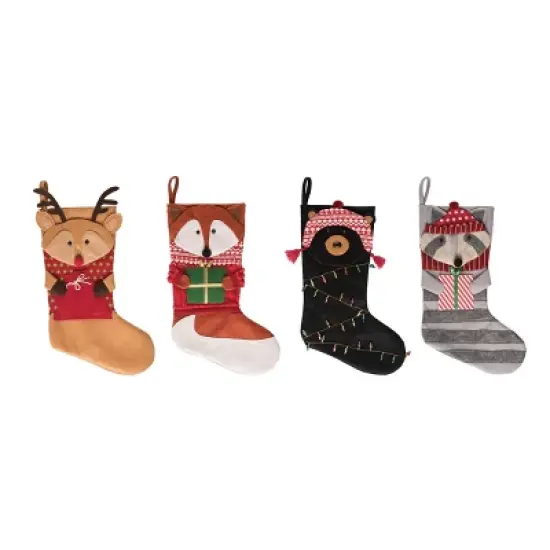 Transpac Fabric Woodland Christmas Critter Stocking Set of 4 Holiday Decorations for Home Polyester Christmas Stockings image {1}