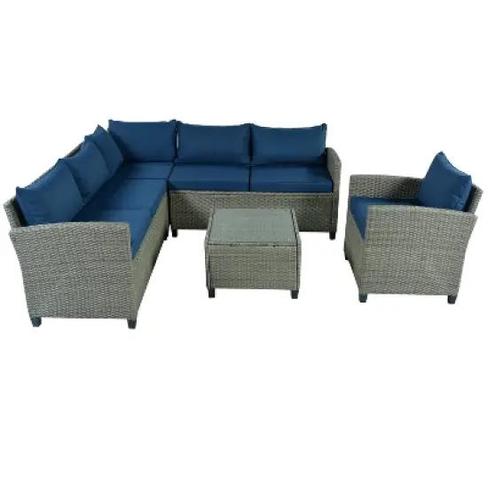 5pc Outdoor Wicker Conversation Set with Cushions - Blue - GODEER image {3}