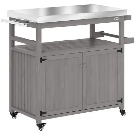 Outsunny Outdoor Grill Cart w/ Wheels and Storage Cabinets, Solid Wood Outdoor Kitchen Island w/ Stainless Steel Top, Integrated Hole image {3}