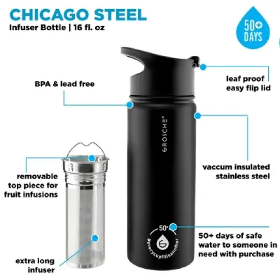GROSCHE Chicago Steel 16 oz. Infusion Water Bottle Insulated Water Bottle Tea and Fruit Infuser Water Bottle Stainless Steel Flask image {2}