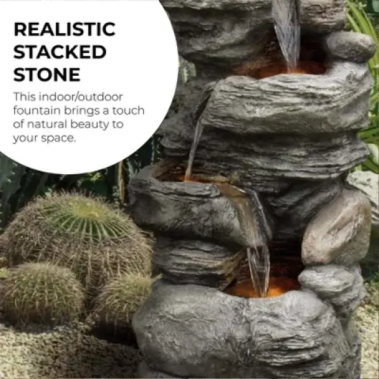 Teamson Home 39.37" Outdoor Faux Stone 4-Tier Water Fountain with LED, Gray image {4}