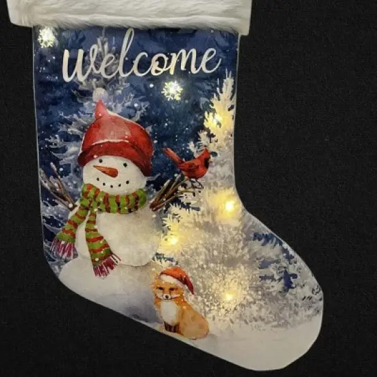 Season's Designs 19-Inch Welcome Snowman with Scarf and Knit Hat Forest Christmas Stocking with LED Lights, Battery Operated, Multicolored Indoor image {2}