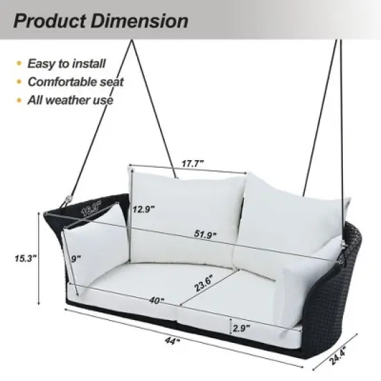 PAGED 2-Person Porch Swing with Ropes and Removable Cushions,Modern Bench Swing for Patio Backyard,Garden image {2}