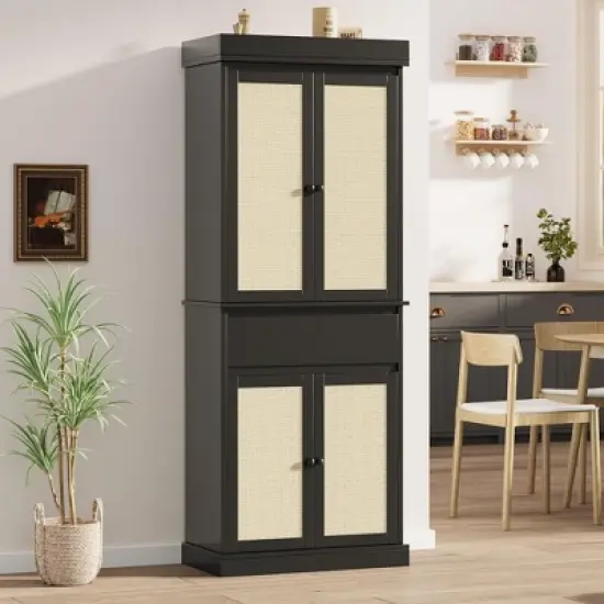Kitchen Pantry Cabinet, Tall Storage Cabinet with Rattan Doors and Adjustable Shelves, Freestanding Cupboard with Drawer image {3}