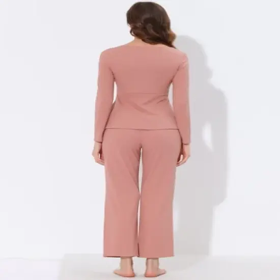 cheibear Womens Sleepwear Lounge Ribbed Knit Peplum Tops with Lace Long Sleeve Pajamas Set image {1}