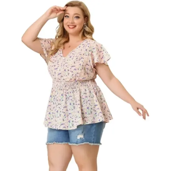 Agnes Orinda Women's Plus Size Peplum Top Flare Sleeve Casual V Neck Smocked Waist Floral Blouses image {3}