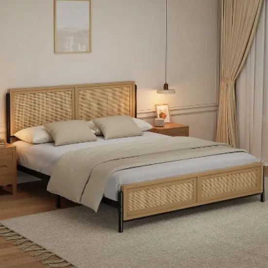 Boho Wooden Full/Queen/King Size Bed Frame with Natural Rattan Headboard and Footboard, No Box Spring Needed, Noise-Free Easy Assemble Metal Bedframe image {2}