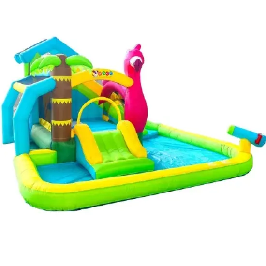 Pogo Bounce House Backyard Kids Home Water Park Inflatable Water Slide Flamingo with Splash Pool image {2}