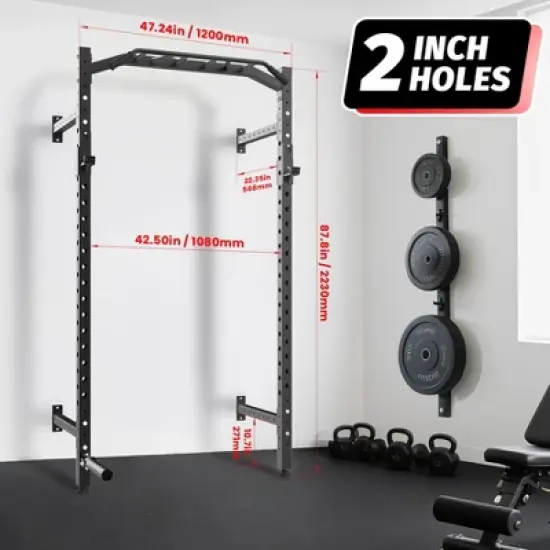 Wall Mounted Power Rack, 1600LB Commercial Squat Rack for Home Gym with Multi-Grip Pull Up Bar, J-Cups & Landmine Attachment for Home and Garage Gym image {2}