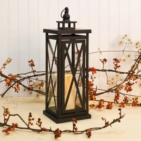 LumaBase Metal Lantern with Battery-Operated Candle - Black Crisscross image {2}