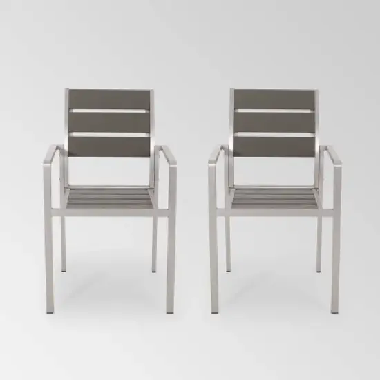 Cape Coral 2pk Aluminum Dining Chair with Faux Wood Seat - Silver/Gray - Christopher Knight Home: Weather-Resistant, Fixed Arms, 250lb Capacity image {5}