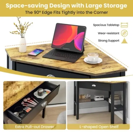 Costway Triangle Computer Desk Corner Office Desk Laptop Table with Drawer Shelves Rustic Brown&Black/White/Black/Coffee/Grey/Natural&White image {7}