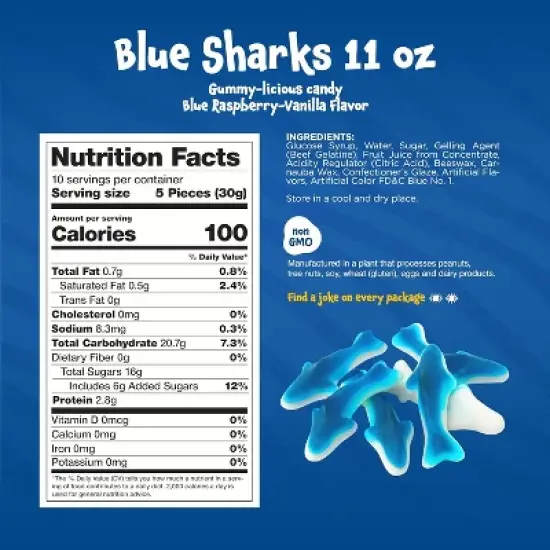 Funtasty Blue Sharks Gummy Candy, Blue Raspberry Marshmallow Flavor - 11-Ounce Bag image {6}