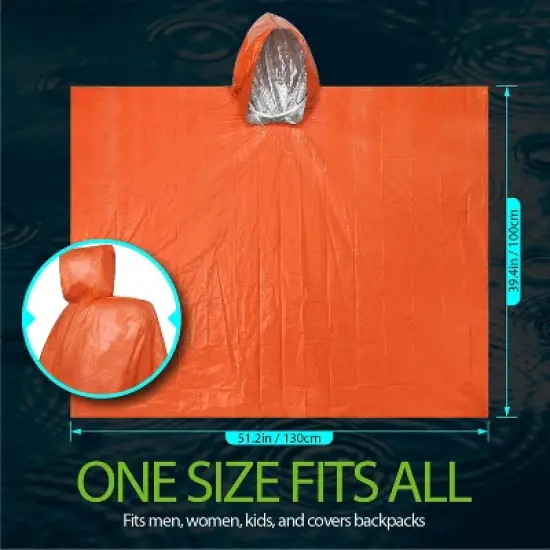 FosPower 4 Pack Emergency Ponchos for Adults, Survival Blanket Retains 90% Body Heat, Waterproof & Reusable Hiking Raincoat Hooded, Orange image {4}