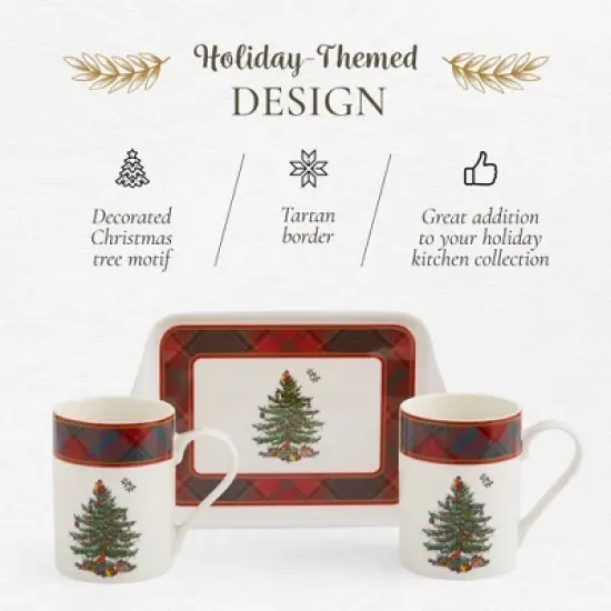 Spode Christmas Tree Tartan 10oz Mug & 8" Tray Set (3-Piece Set) - Festive Porcelain Mugs with Melamine Tray, Dishwasher & Microwave Safe image {2}